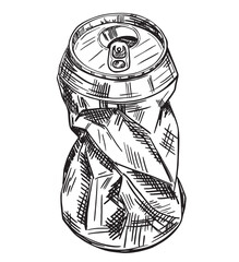The crumpled soda or beer can sketch. Hand drawn crushed tin can