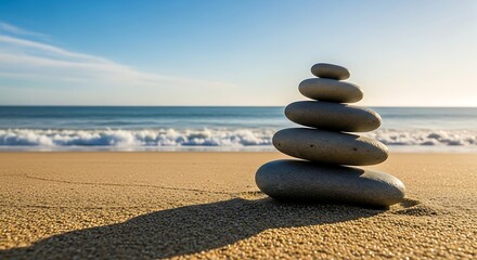 Peaceful Stacked Stones on Sandy Beach at Sunrise.