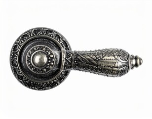 Ornate Silver Furniture Handle Detail on White Background Vintage Crafted Design
