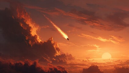 Fiery meteor streaks across a fiery sunset sky