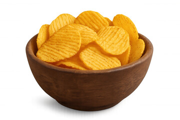 Wooden bowl brimming with crispy, golden potato chips, scattered artfully against transparent backdrop