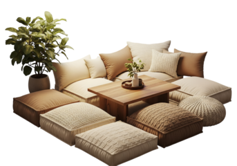 Cozy floor seating arrangement with cushions and a low table, creating a relaxed atmosphere.