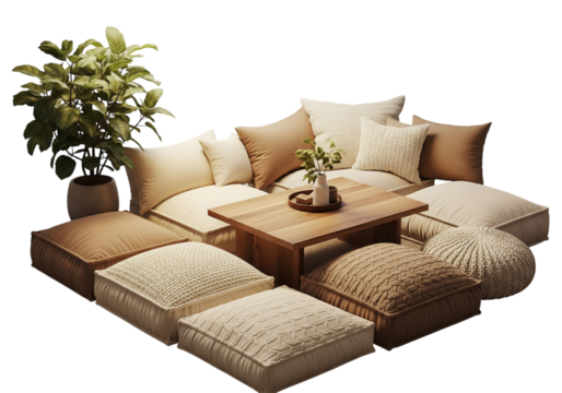 Cozy floor seating arrangement with cushions and a low table, creating a relaxed atmosphere.