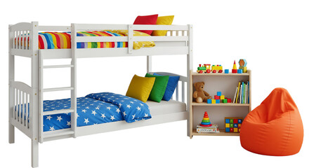 White twin bunk bed with colorful bedding and accessories, including a beanbag chair and a small bookshelf.