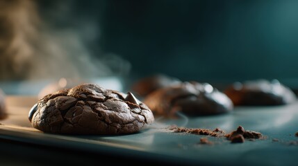 Closeup of rich double chocolate cookies baking