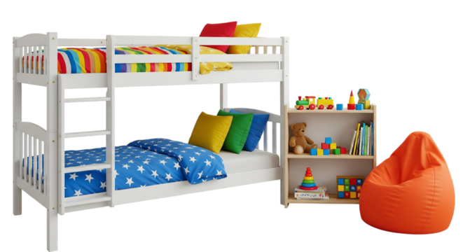White twin bunk bed with colorful bedding and accessories, including a beanbag chair and a small bookshelf.
