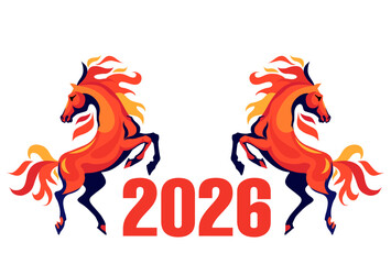 Horse Year 2026 New Year's. Features fiery horse art on white background, ideal for New Year wishes