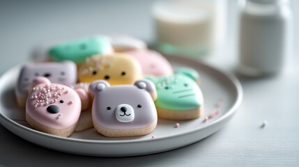 Assorted iced animal face sugar cookies on a plate