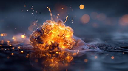 A single, complex, glowing molecule emerges from a dark, primordial aqueous solution, symbolizing the spark of life.