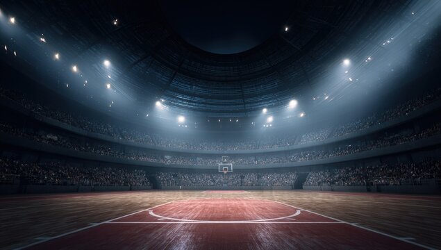 Basketball arena filled with spectators under stadium lights - Powered by Adobe