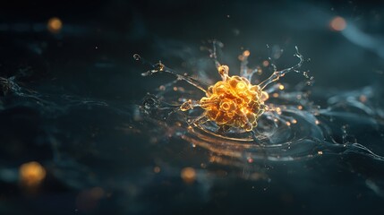 A single, complex, glowing molecule emerges from a dark, primordial aqueous solution, symbolizing the spark of life.