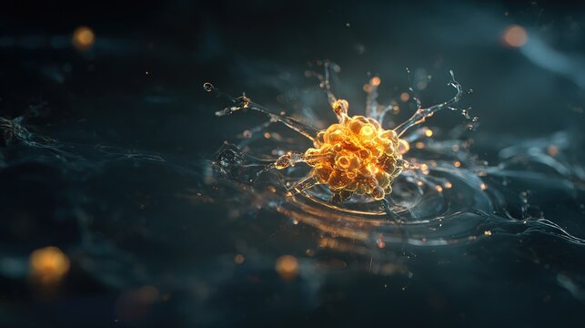 A single, complex, glowing molecule emerges from a dark, primordial aqueous solution, symbolizing the spark of life.