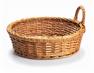 Obraz premium Woven Wicker Basket with Handles in Warm Brown Tones on White Background