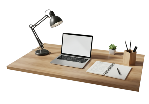 A modern workspace featuring a laptop, lamp, notebook, and stationery on a light wooden desk.