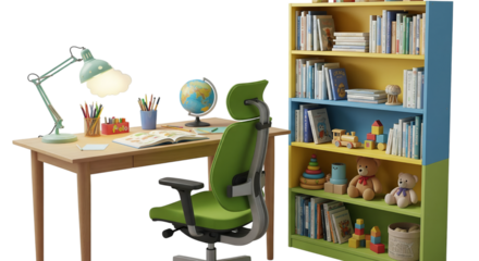 A child's study area with a desk, chair, lamp, globe, and colorful bookshelf filled with books and toys.