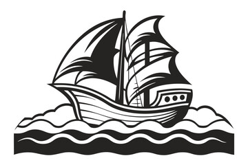 Black and white outline shows an old ship sailing on wavy ocean waters