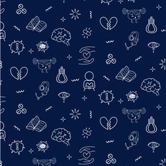 Mental health dodle line art seamless pattern blue background