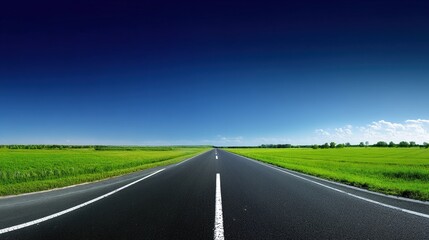 Fototapeta premium The spacious country road extends through the fresh green fields, providing ample white space for text, signs, or design elements, capturing a tranquil rural daytime scene.