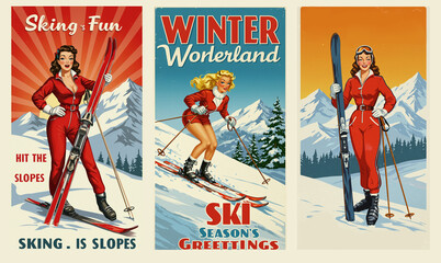 Vintage pin-up girl skiing poster. Winter sport poster in retro style with pin-up girl and titles. 
