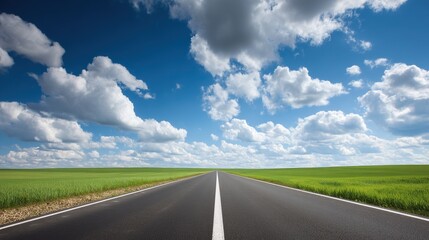 Fototapeta premium The spacious country road extends through the fresh green fields, providing ample white space for text, signs, or design elements, capturing a tranquil rural daytime scene.