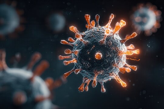 virus particle under electron microscope, floating in black space - Powered by Adobe