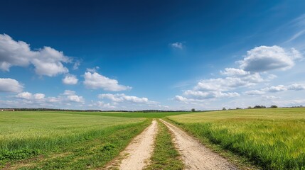 Obraz premium The spacious country road extends through the fresh green fields, providing ample white space for text, signs, or design elements, capturing a tranquil rural daytime scene.
