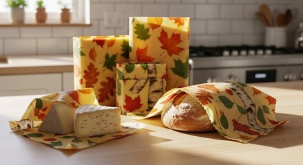 Autumn-themed beeswax food wraps storing fresh bread and cheese on a kitchen counter, promoting sustainable living