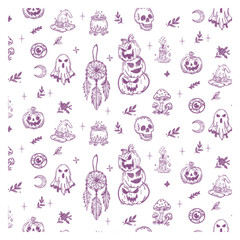 halloween doodle purple element set line art purple seamless pattern