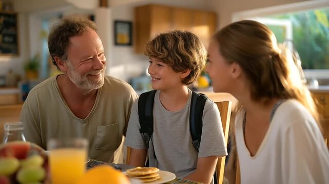 Grandparents surprise their 8 year old grandkids with homemade pancakes after school in a bright kitchen with syrup bottles fresh fruit slices and school backpacks slung over cha