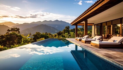 Fototapeta premium Luxury villa with infinity pool overlooking mountains at sunset, perfect getaway