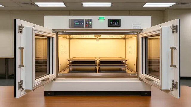 Ovens dry samples in a materials testing lab with doors sealing temperatures rising trays inserted and timers beeping completion depicted in a heated photo with door latches