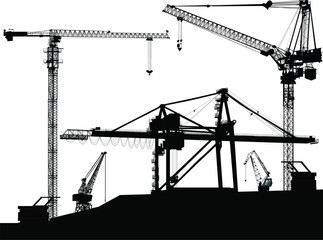 five industrial cranes composition on white background