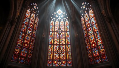A breathtaking stained glass window inside a chruch is captured in radiant detail, with sunlight streaming through the intricate designs and casting a warm, colorful glow across the space