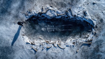 Frozen skeleton in a snow-covered icy hole