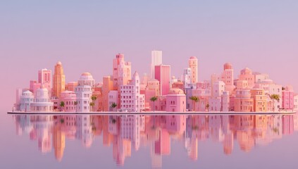 Pastel cityscape reflected on water