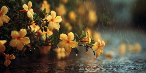 Yellow flowers in rain