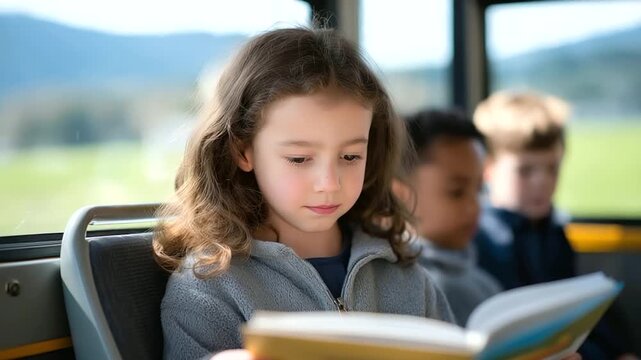 A 7 year old reads a book on the school bus surrounded by chattering classmates window views of passing fields and a driver calling out stops captured in a cozy photo with page