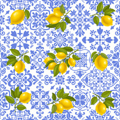 Seamless pattern with lemons on the twigs and with square tile ornaments, mediterranean motifs. Branches of lemon with ripe fruits on background with blue geometry floral pattern. Vector illustration