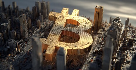 Golden Bitcoin symbol atop a city of blocks