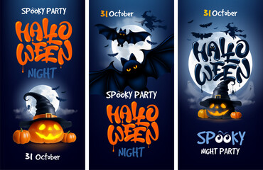Set of spooky Halloween vertical web banners with lettering, 3d pumpkins, bats, witch hat, ghosts, and full moon. Party announcement, invitations, sale, and seasonal promotions. Vector illustration
