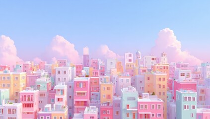 Pastel-toned city skyline view, soft colors, dreamy aesthetic
