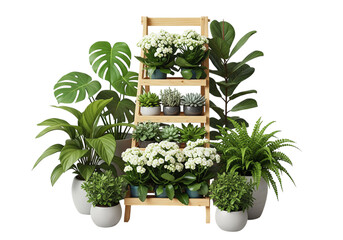 A collection of various potted houseplants arranged on a wooden ladder shelf, creating a lush indoor garden display.