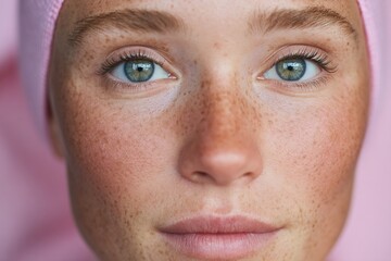 Obraz premium Young woman with freckles and blue eyes wearing a pink headscarf posed in soft natural light