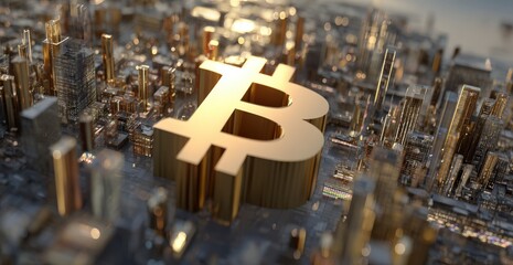 Golden Bitcoin symbol in a futuristic cityscape