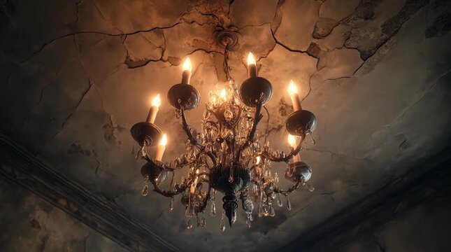 Low angle view of an antique crystal chandelier illuminating a dark room with a cracked ceiling. The warm light of the candles contrasts with the aged, distressed surroundings.