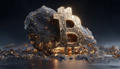 Golden Bitcoin symbol resting atop dark rock