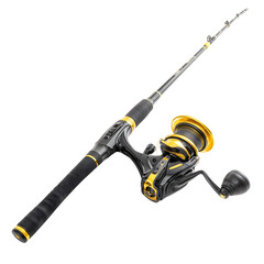 A modern black and gold fishing rod with a spinning reel, isolated on a white background for tackle and equipment concepts