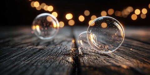 Two clear orbs on dark wood with bokeh lights
