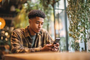 Fototapeta premium Young Man Checking Smartphone in Cozy Café
