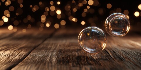 Two floating bubbles on a rustic wooden surface, with golden bokeh lights in the background